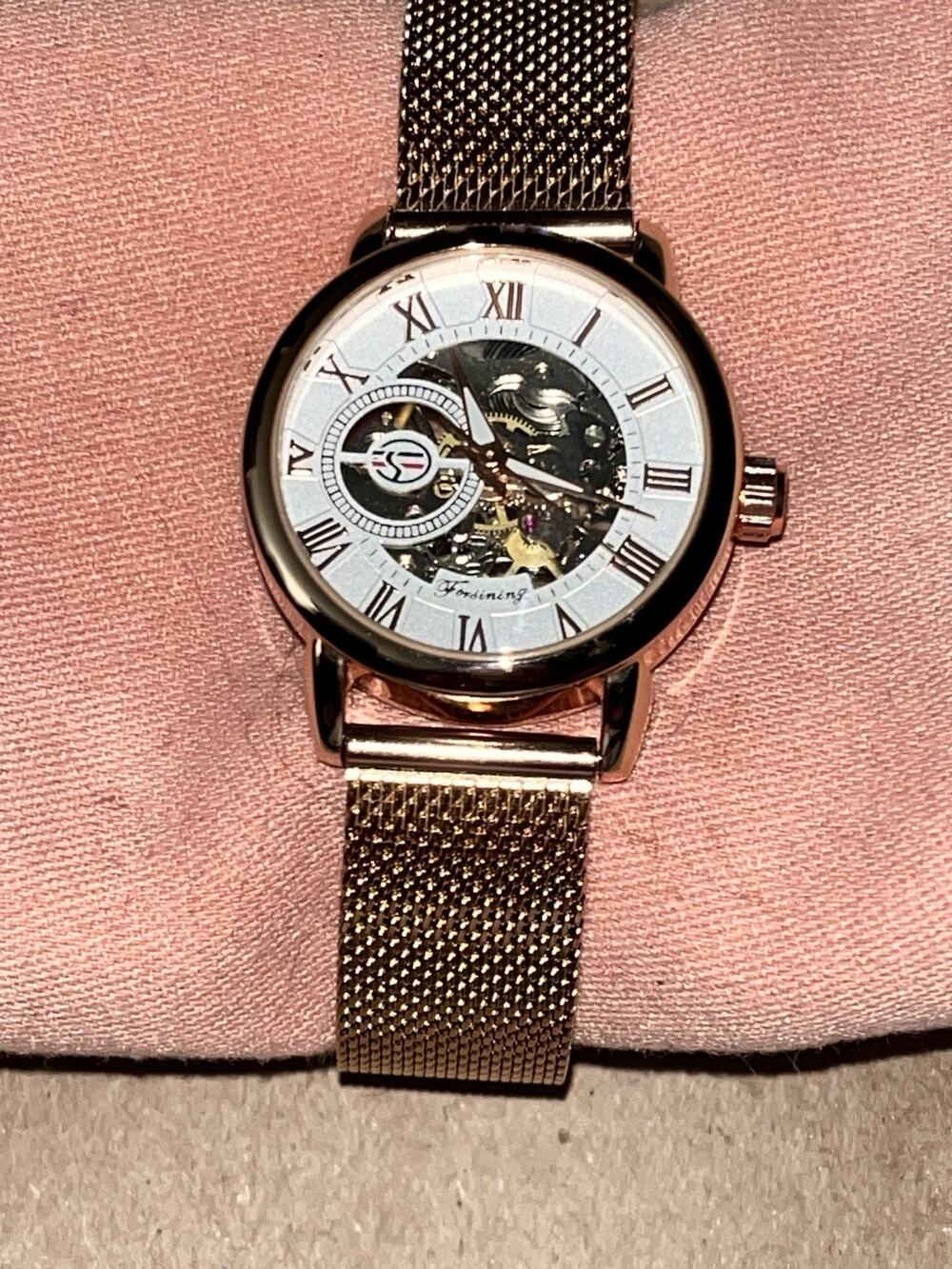 Forsining Women's Rose Gold Automatic Mechanical Skeleton Transparent Watch